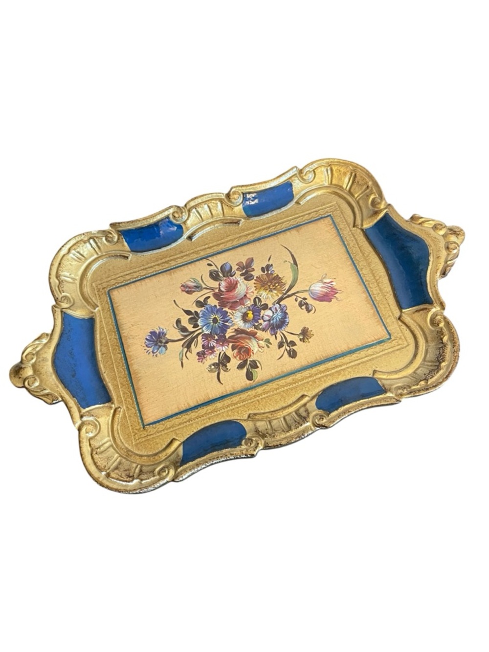 Vintage Florentine Italian Wood Tray Gold Gilt Blue Floral Hand Painted Ornate